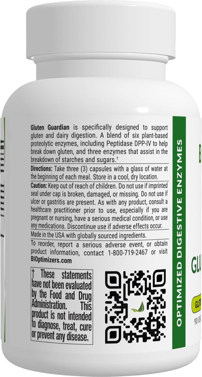 BIOptimizers Gluten Guardian 3.0 - Enzyme Supplement with DPP-IV to Support Gluten Digestion – May Help Prevent Bloating, Gas, and Indigestion, 90 Capsules