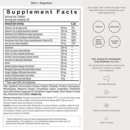 JSHealth Skin & Digestion Formula Supports Healthy Skin & Digestive Comfort | Clear Skin Supplement with Zinc, Burdock, Turmeric. Supports Healthy Skin and Digestive Comfort. Vegan (60 Tablets)