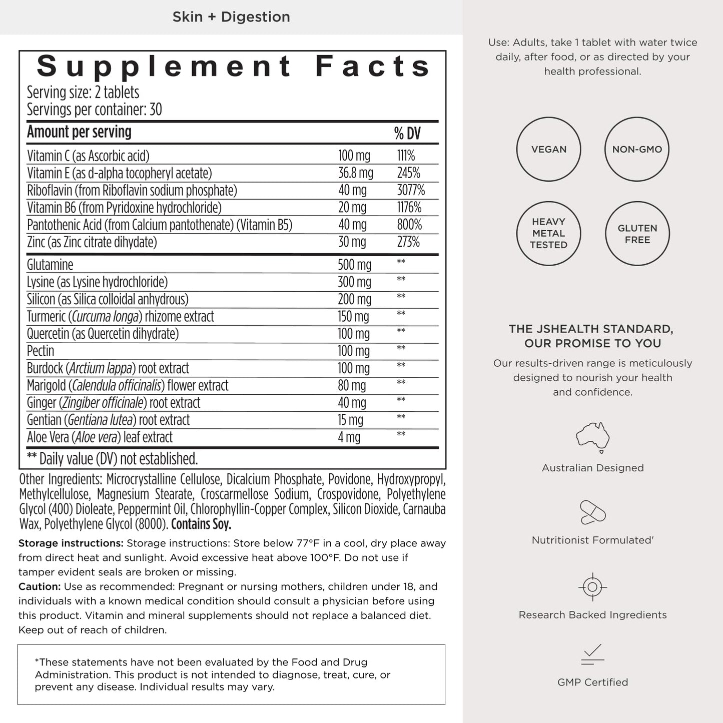 JSHealth Skin & Digestion Formula Supports Healthy Skin & Digestive Comfort | Clear Skin Supplement with Zinc, Burdock, Turmeric. Supports Healthy Skin and Digestive Comfort. Vegan (60 Tablets)