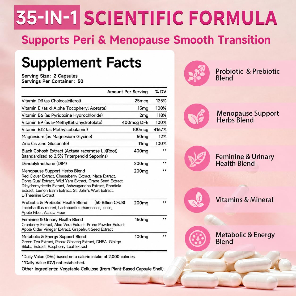 Menopause Supplements For Women, 400mg Black Cohosh 200mg DIM, 100 Capsules | 35-in-1 with Dong Quai, Ashwagandha, Red clover & Probiotics, Hormone Balance, Hot Flashes, Night Sweats & Menopause Support