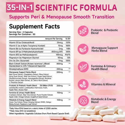 Menopause Supplements For Women, 400mg Black Cohosh 200mg DIM, 100 Capsules | 35-in-1 with Dong Quai, Ashwagandha, Red clover & Probiotics, Hormone Balance, Hot Flashes, Night Sweats & Menopause Support