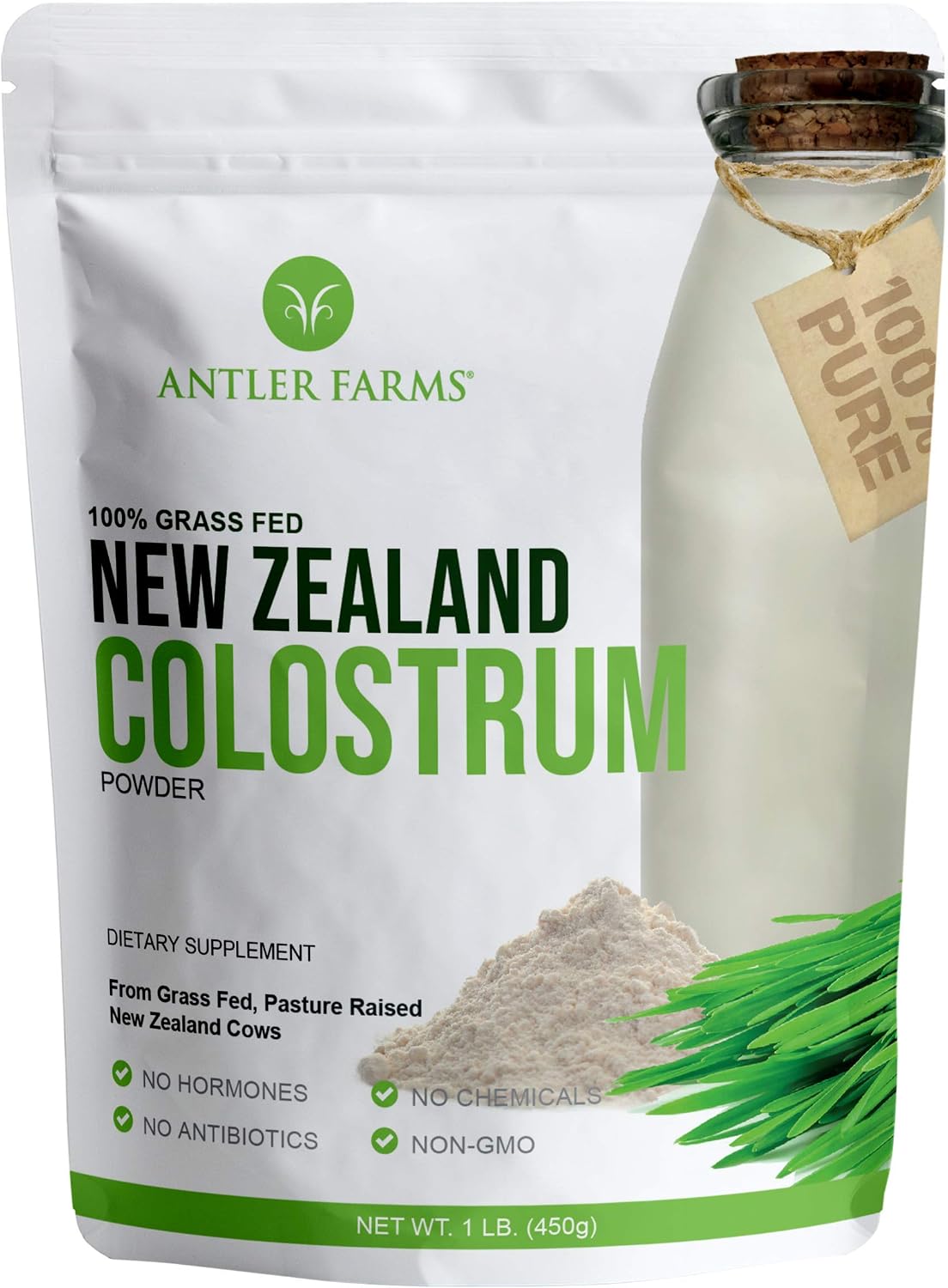 Antler Farms 100% Pure New Zealand Colostrum, 30 Servings, 1 lb - Grass Fed, Pasture Raised, Clean Sourced, Cold Processed, Undiluted, High IgG Content | 100% Pure, Pasture Raised, Clean Sourced, Super Potent, Cold Processed, Undiluted, 20-25% IgG Content