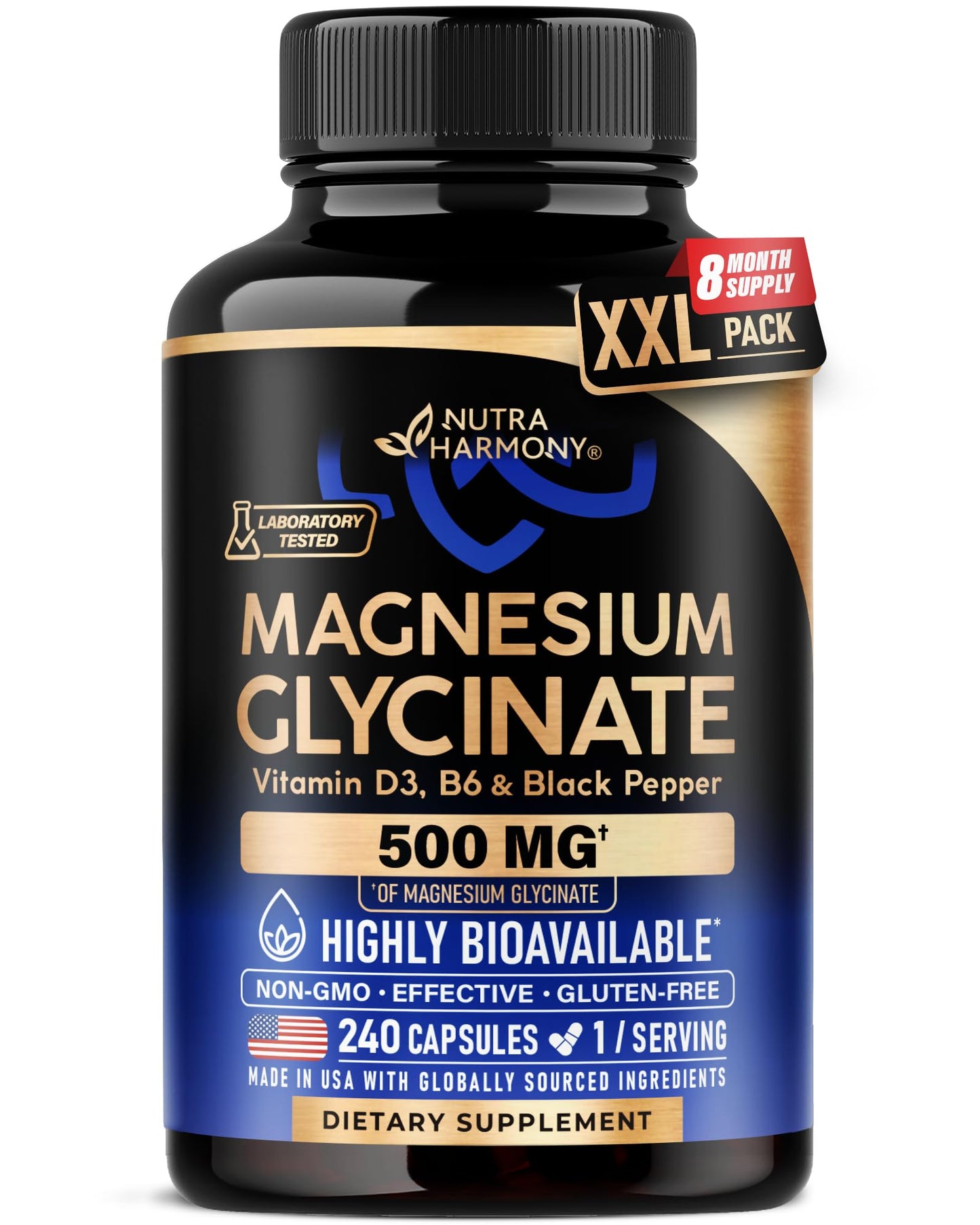 Magnesium Glycinate 500 mg - Chelated Supplement - High Absorption Form of Magnesium - Support for Sleep, Muscle & Heart Health - for Women & Men - Lab Tested & Non-GMO - 240 Capsules