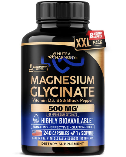 Magnesium Glycinate 500 mg - Chelated Supplement - High Absorption Form of Magnesium - Support for Sleep, Muscle & Heart Health - for Women & Men - Lab Tested & Non-GMO - 240 Capsules