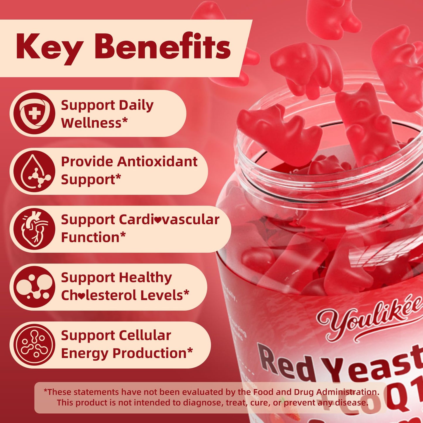 Red Yeast Rice Gummies 1200mg with CoQ10 100mg, Red Yeast Rice Supplement | Supports Cellular Energy Production and Natural Antioxidant Defense, Vegan, Gluten-Free, Strawberry Flavor, 60 Count