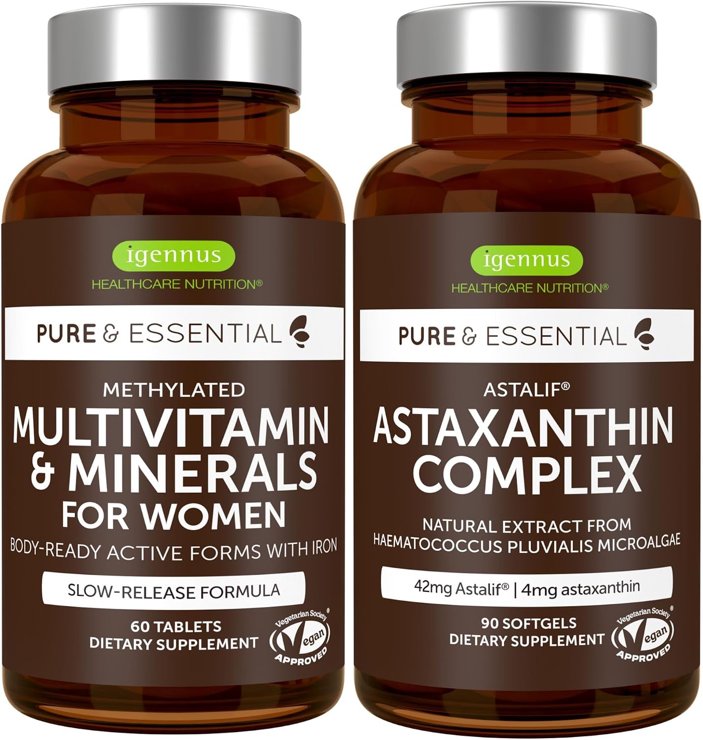 Multivitamin & Minerals for Women + Astaxanthin Complex Vegan Bundle, Sustained Release Advanced Multivitamin with Iron + Natural 4 mg H. Pluvialis Astaxanthin, by Igennus