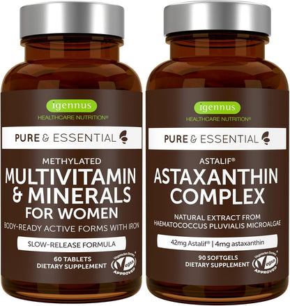 Multivitamin & Minerals for Women + Astaxanthin Complex Vegan Bundle, Sustained Release Advanced Multivitamin with Iron + Natural 4 mg H. Pluvialis Astaxanthin, by Igennus