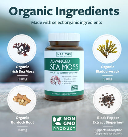 Organic Irish Sea Moss Capsules - Organic Sea Moss Capsules with Bladderwrack Burdock Root and Black Pepper Extract for Enhanced Absorption - Vegan Non-GMO & Made in the USA (1 Month Supply)