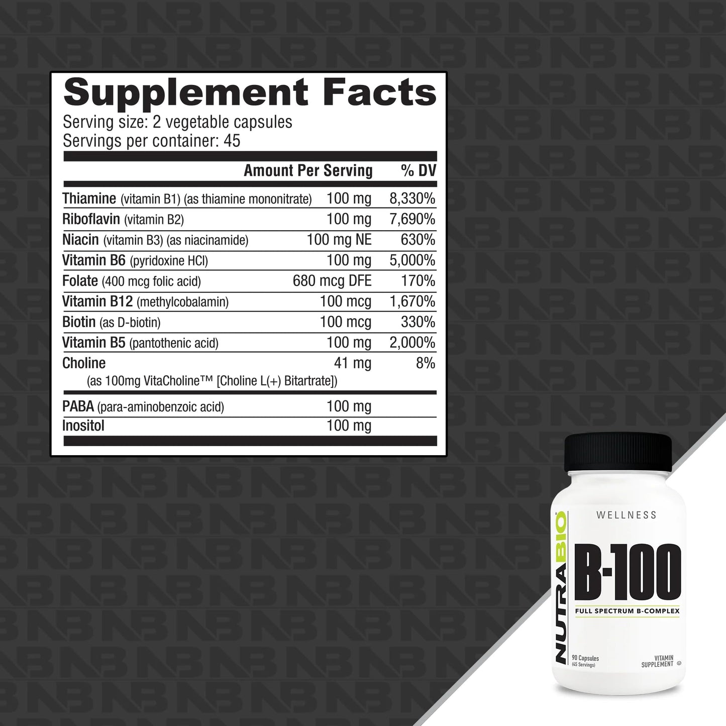 NutraBio B-100, B Vitamin Complex, Immune System Support, Healthy Hair, Skin, Nails, 90 Vegetable Capsules