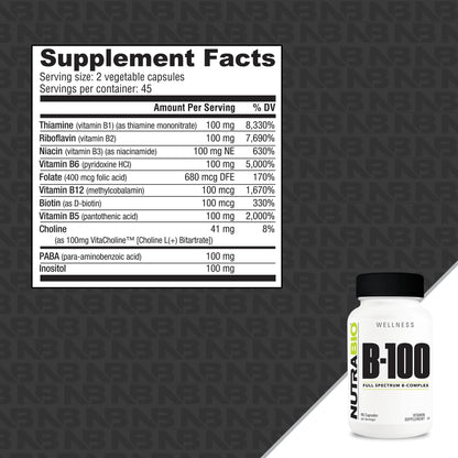 NutraBio B-100, B Vitamin Complex, Immune System Support, Healthy Hair, Skin, Nails, 90 Vegetable Capsules