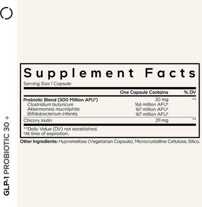 Codeage GLP-1 Probiotic+, Akkermansia, 500M AFU, Prebiotic, 30 Capsules | Probiotics 500 million AFU with Akkermansia, Clostridium butyricum and Bifidobacterium, plus chicory inulin.