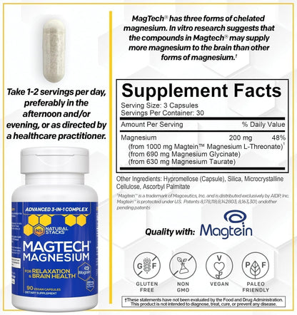 NATURAL STACKS Dopamine Brain Food + Magtech Magnesium Bundle - Chelated Magnesium Complex - Supports Brain Health & Mental Drive* - 150 Total Capsules