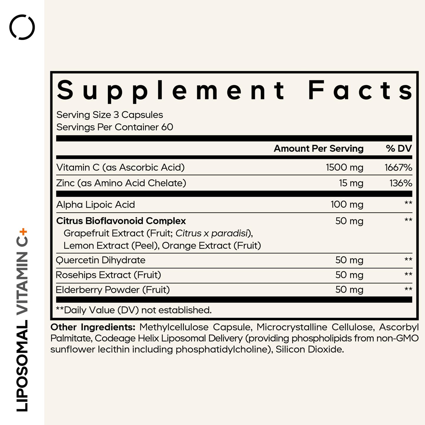 Codeage Liposomal Vitamin C 1500mg with Zinc, Elderberry, Citrus Bioflavonoids Grapefruit, Lemon, Orange Powder, Quercetin & Rose Hips Fruit – Vegan Supplement - Non-GMO, Vegan Pills, 180 Capsules
