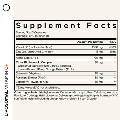 Codeage Liposomal Vitamin C 1500mg with Zinc, Elderberry, Citrus Bioflavonoids Grapefruit, Lemon, Orange Powder, Quercetin & Rose Hips Fruit – Vegan Supplement - Non-GMO, Vegan Pills, 180 Capsules