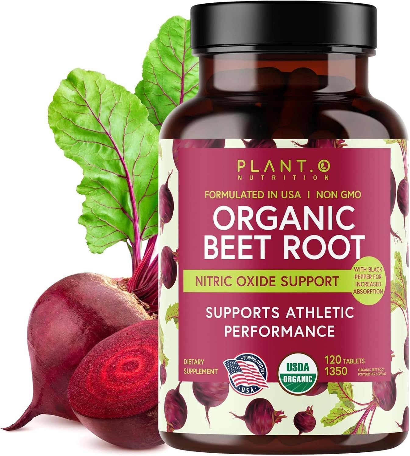 Organic Beet Root Capsules 1350mg – USDA Certified Beetroot Powder Supplement with Black Pepper | Nitric Oxide & Circulation Support | Vegan Non-GMO | 120 Tablets 2 Month Supply