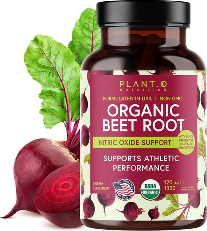 Organic Beet Root Capsules 1350mg – USDA Certified Beetroot Powder Supplement with Black Pepper | Nitric Oxide & Circulation Support | Vegan Non-GMO | 120 Tablets 2 Month Supply