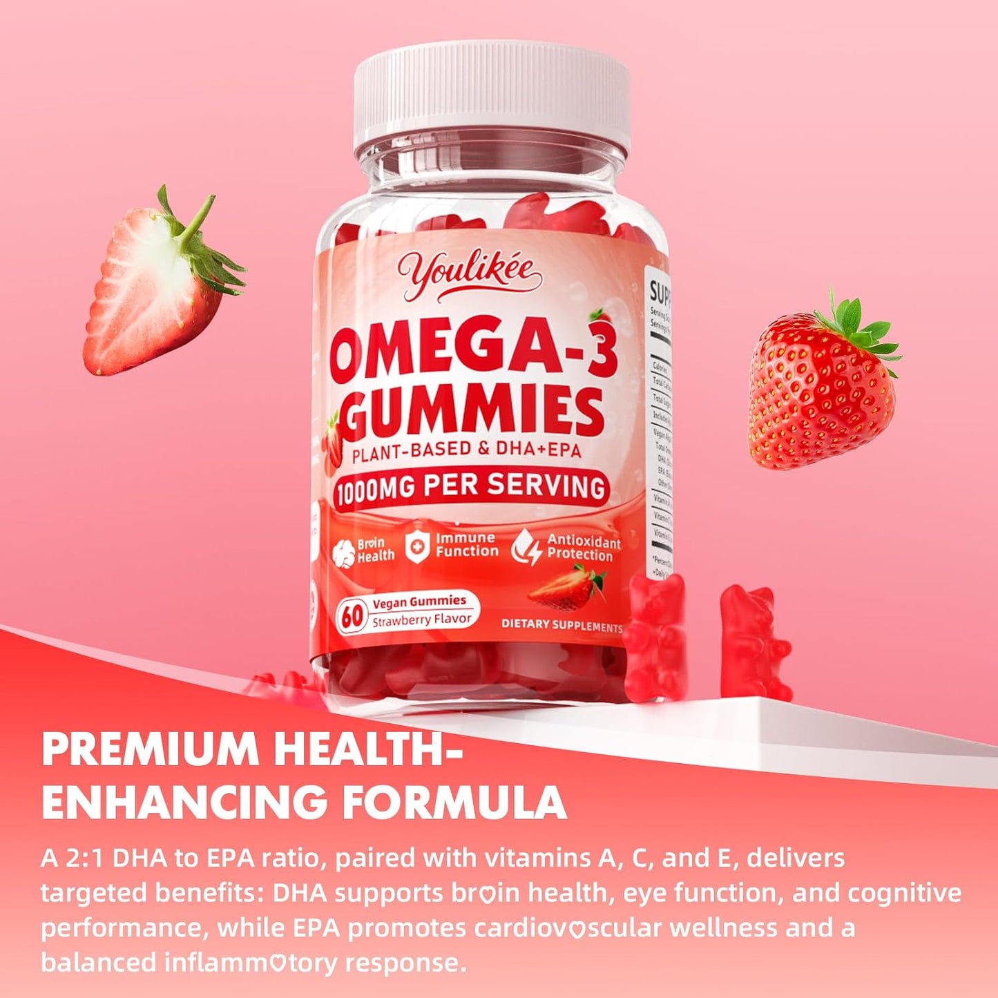 Vegan Omega-3 Gummies, Strawberry Flavor, 60 Count