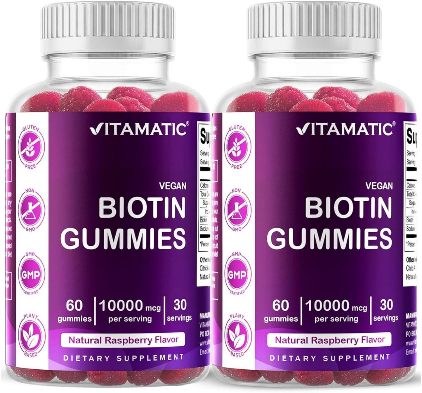 Vitamatic Biotin Gummies 10,000 mcg, 60 Vegan Gummies, Raspberry Flavor | 10000 mcg Per Serving, Natural Raspberry Flavor, Pectin Based, Non-GMO, Gluten Free, GMP Certified