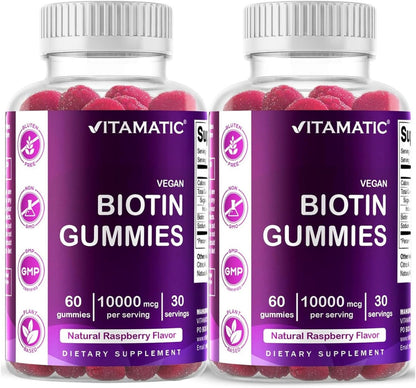 Vitamatic Biotin Gummies 10,000 mcg, 60 Vegan Gummies, Raspberry Flavor | 10000 mcg Per Serving, Natural Raspberry Flavor, Pectin Based, Non-GMO, Gluten Free, GMP Certified