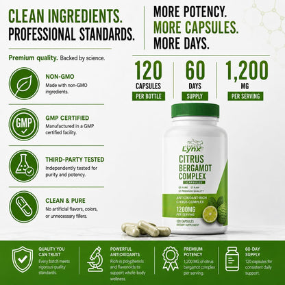 Citrus Bergamot 1200 mg – Heart & Cholesterol Support Supplement | 120 Capsules (60-Day Supply) | Antioxidant-Rich Extract for Circulatory & Metabolic Wellness | Non-GMO