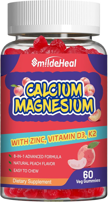 Calcium Magnesium Gummies 600MG, Calcium Magnesium Zinc Gummies with Vitamin D3 - High Absorption Complex Calcium Supplement, Vegan, 60 Counts
