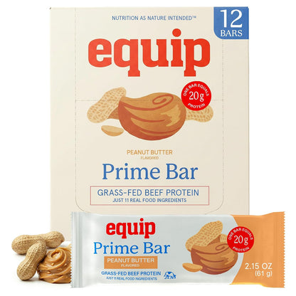 Equip Foods High Protein Prime Bars – Grass Fed Beef Protein, Collagen & Tallow – Gut Friendly, Gluten Free 20g Protein Bars - Only Real-Food Ingredients - On-the Go Snack - Peanut Butter, 12 Count