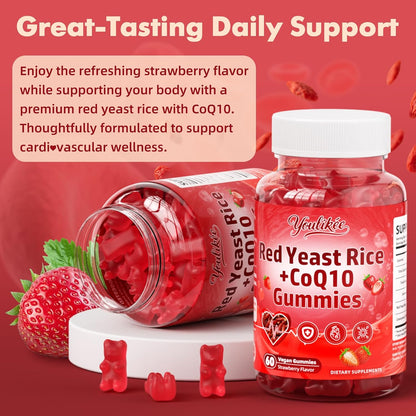Red Yeast Rice Gummies 1200mg with CoQ10 100mg, Red Yeast Rice Supplement | Supports Cellular Energy Production and Natural Antioxidant Defense, Vegan, Gluten-Free, Strawberry Flavor, 60 Count