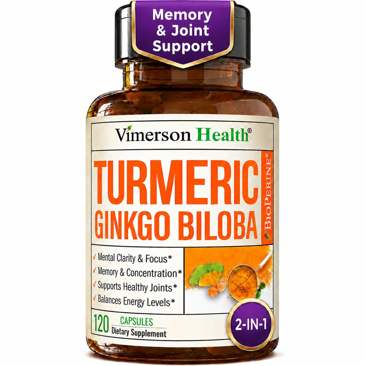 Ginko Biloba Capsules w/Ginkgo Biloba 120mg & Organic Turmeric – 60 Count