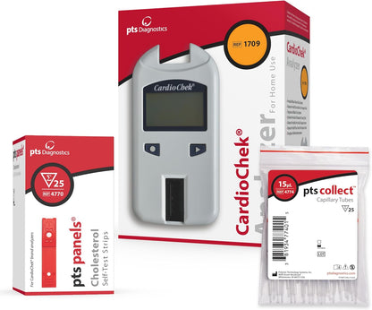 CardioChek Cholesterol Home Test System Bundle, Fast 45-Second Testing | CardioChek At-Home Analyzer, PTS Panels Cholesterol At-Home Self-Test Strips (25 Tests), Capillary Tubes (25 Count)