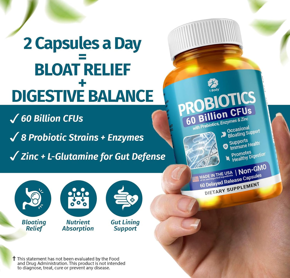 1 Body Thyroid Support Supplement + 60 Billion Probiotics for Men & Women