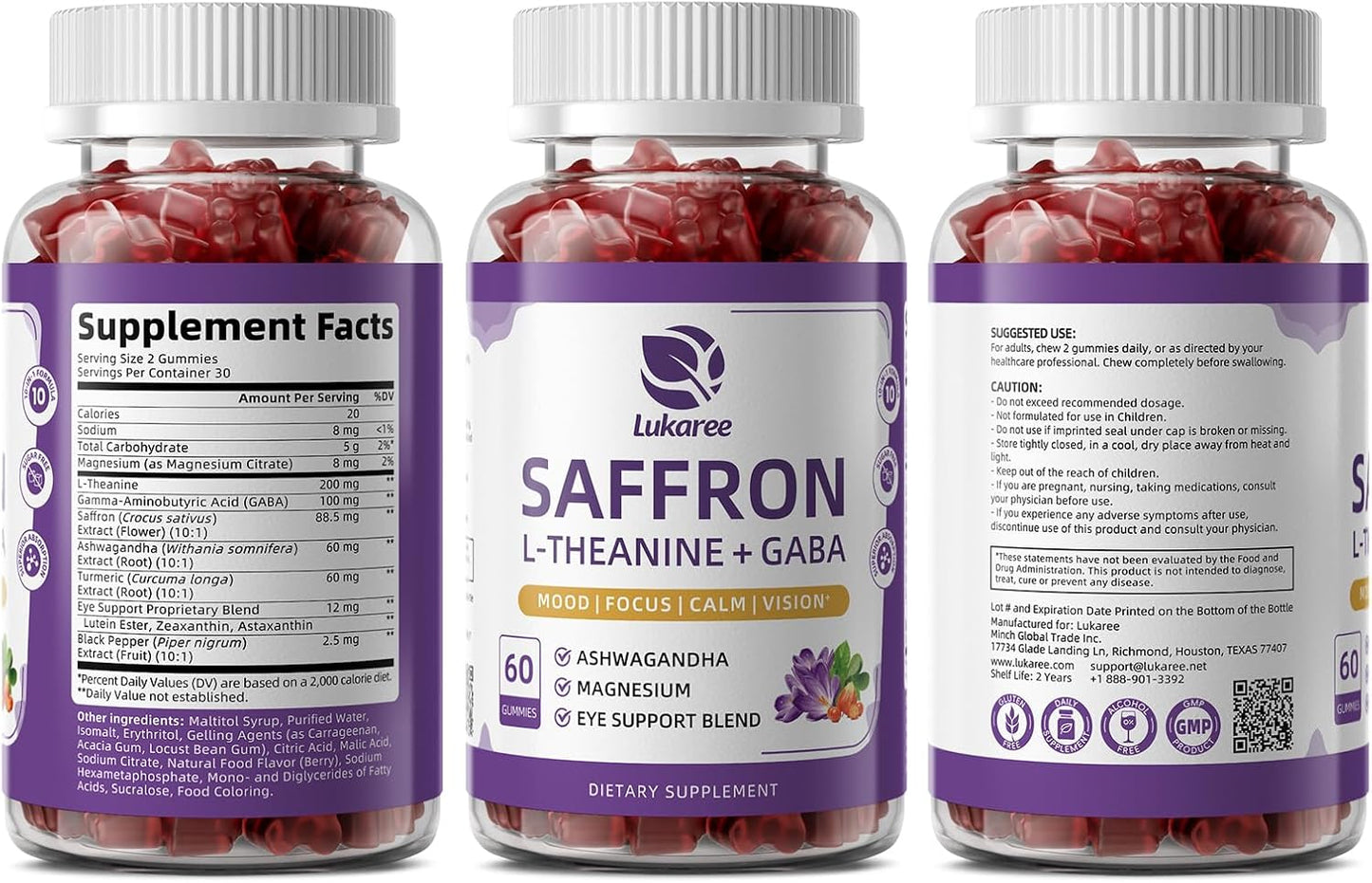 Saffron Gummies 88.5mg with L-Theanine 200mg, GABA for Mood, Focus & Vision | 10-in-1 Supplements for Adults with Ashwagandha, Eye Support Blend, GMP Certified, Sugar Free, Vegan, 60 Day Supply