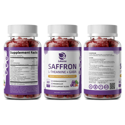 Saffron Gummies 88.5mg with L-Theanine 200mg, GABA for Mood, Focus & Vision | 10-in-1 Supplements for Adults with Ashwagandha, Eye Support Blend, GMP Certified, Sugar Free, Vegan, 60 Day Supply