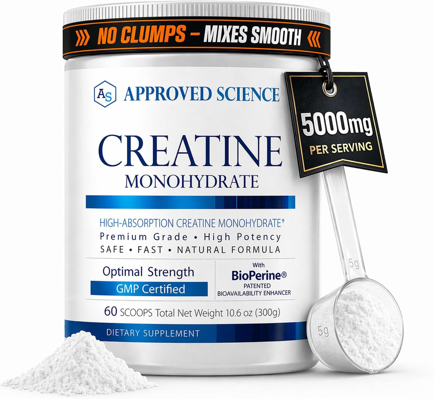 Approved Science Creatine Monohydrate Powder – with BioPerine – Supports Strength, Lean Muscle & Recovery – 5 g Per Serving – Unflavored Creatine Powder – Non-GMO, Vegan – 60 Servings