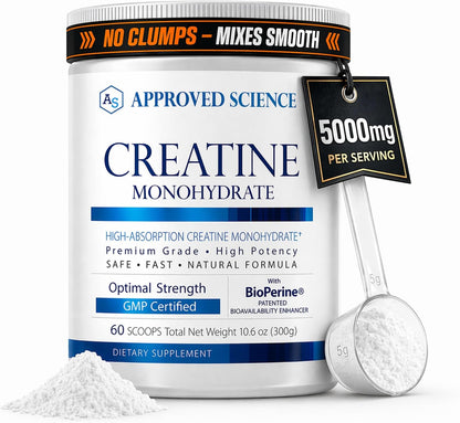 Approved Science Creatine Monohydrate Powder – with BioPerine – Supports Strength, Lean Muscle & Recovery – 5 g Per Serving – Unflavored Creatine Powder – Non-GMO, Vegan – 60 Servings