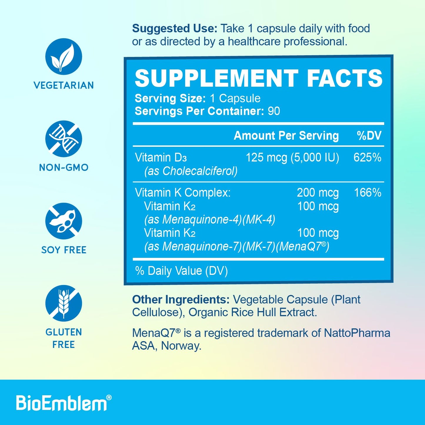 BioEmblem Vitamin D3 K2 Capsules (5000IU and 200mcg) - Patented MK7 and MK4 for 3-in-1 Complex Support - Vegetarian Vitamin D K2 Supplement for Teeth, Heart, Immune System - Non-GMO, 90 Caps | 3-In-1 Complex With Patented MenaQ7 for Calcium, Bone, Teeth,