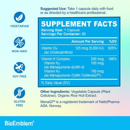 BioEmblem Vitamin D3 K2 Capsules (5000IU and 200mcg) - Patented MK7 and MK4 for 3-in-1 Complex Support - Vegetarian Vitamin D K2 Supplement for Teeth, Heart, Immune System - Non-GMO, 90 Caps | 3-In-1 Complex With Patented MenaQ7 for Calcium, Bone, Teeth,