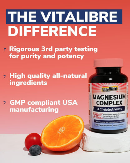 Vitalibre Magnesium Complex Supplement, 4 in 1 Maximized Absorption Chelated Magnesium Glycinate Malate, Taurate & Citrate, Non-Buffered, Bone, Heart, Nerve & Immune Support, 120 Vegan Capsules
