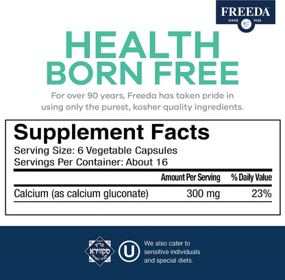 FREEDA Calcium Gluconate Supplement for Bone & Joint Support – 100 Capsules | Supports Teeth & Muscle Health – Pure Calcium w/o Vitamin D – Gentle on Stomach, Easy-to-Digest, Kosher, Vegan, Made in USA