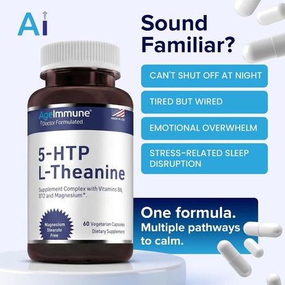 5-HTP 100mg with L-Theanine 400 mg Formula for Stress Relief and Relaxation Support for Teens and Adults with Vitamins B6 - B12 and Magnesium Bisglycinate - Doctor Formulated – without stearates.