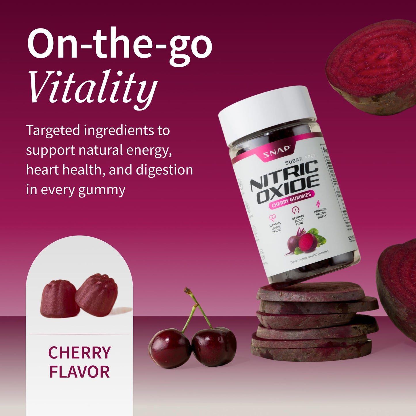 Snap Supplements Nitric Oxide Beet Root Gummies, Cherry, 60 Count (2-Pack) | Sugar Free, For Men & Women, Heart Health & Circulation, Organic Beetroot Extract, Natural Energy, B12, Beets Gummies