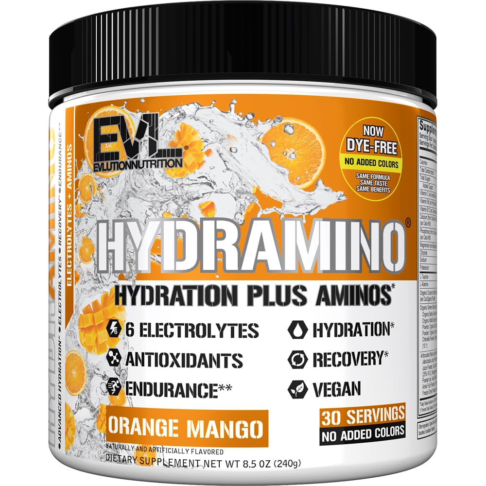 Evlution Nutrition HYDRAMINO Complete Hydration Multiplier, 6 Electrolytes, Vitamin C & B, Fluid Boosting Aminos, Coconut Water, Endurance, Recovery, Antioxidants, 30 Serve, Orange Mango (Dye Free)