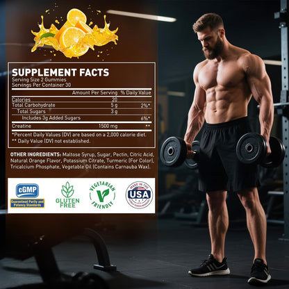 Creatine Gummies, 1500mg Creatine Monohydrate for Muscle Strength, Endurance, Workout Performance, Vegetarian & Gluten-Free, Orange Flavor, 60 Count