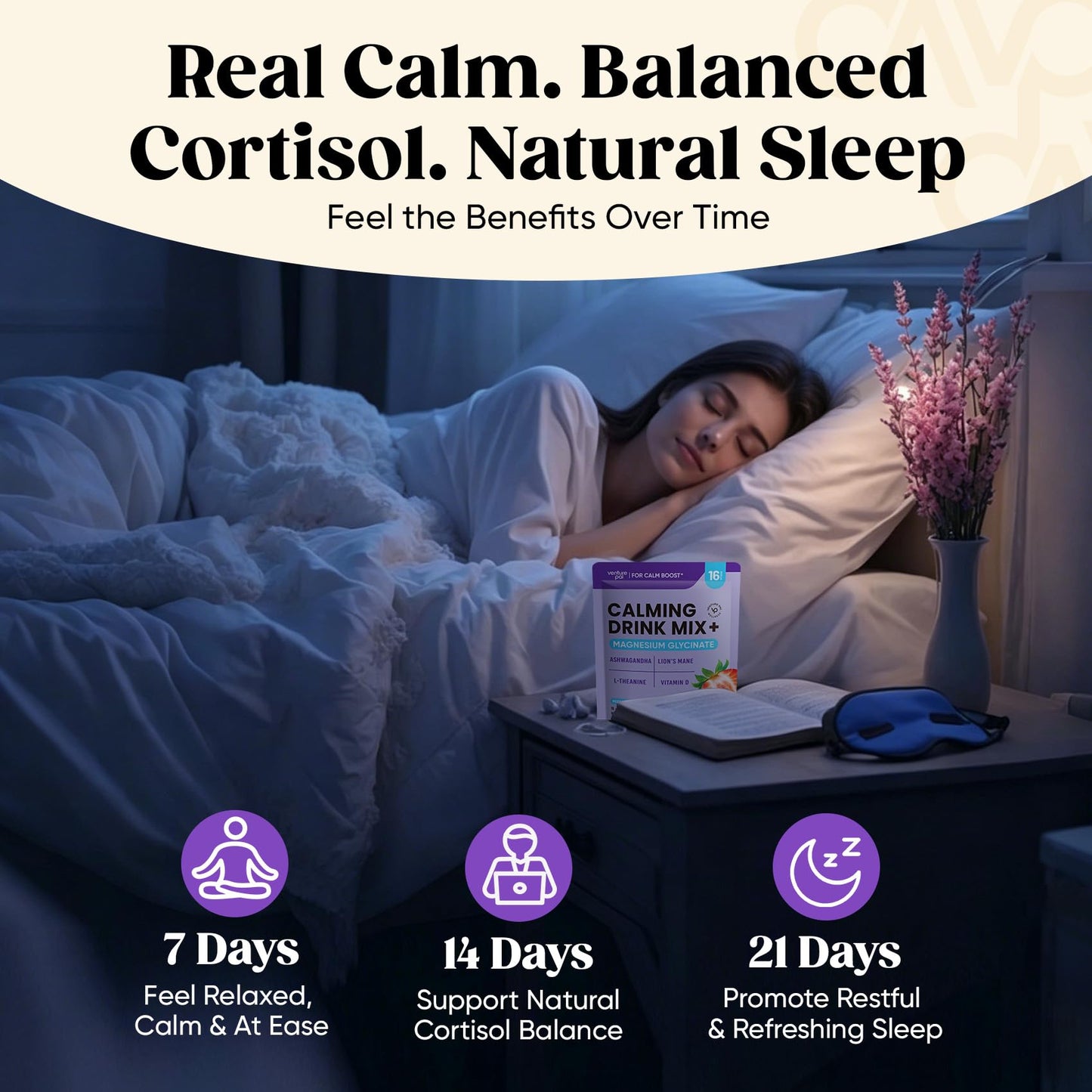 Venture Pal Calm Drink Mix, 12-in-1 Cortisol Reducer & Sleep Aid | Magnesium Glycinate, Ashwagandha, L-Theanine & Vitamin D, Calm Magnesium Powder for Relax & Focus, No Sugar, Non GMO