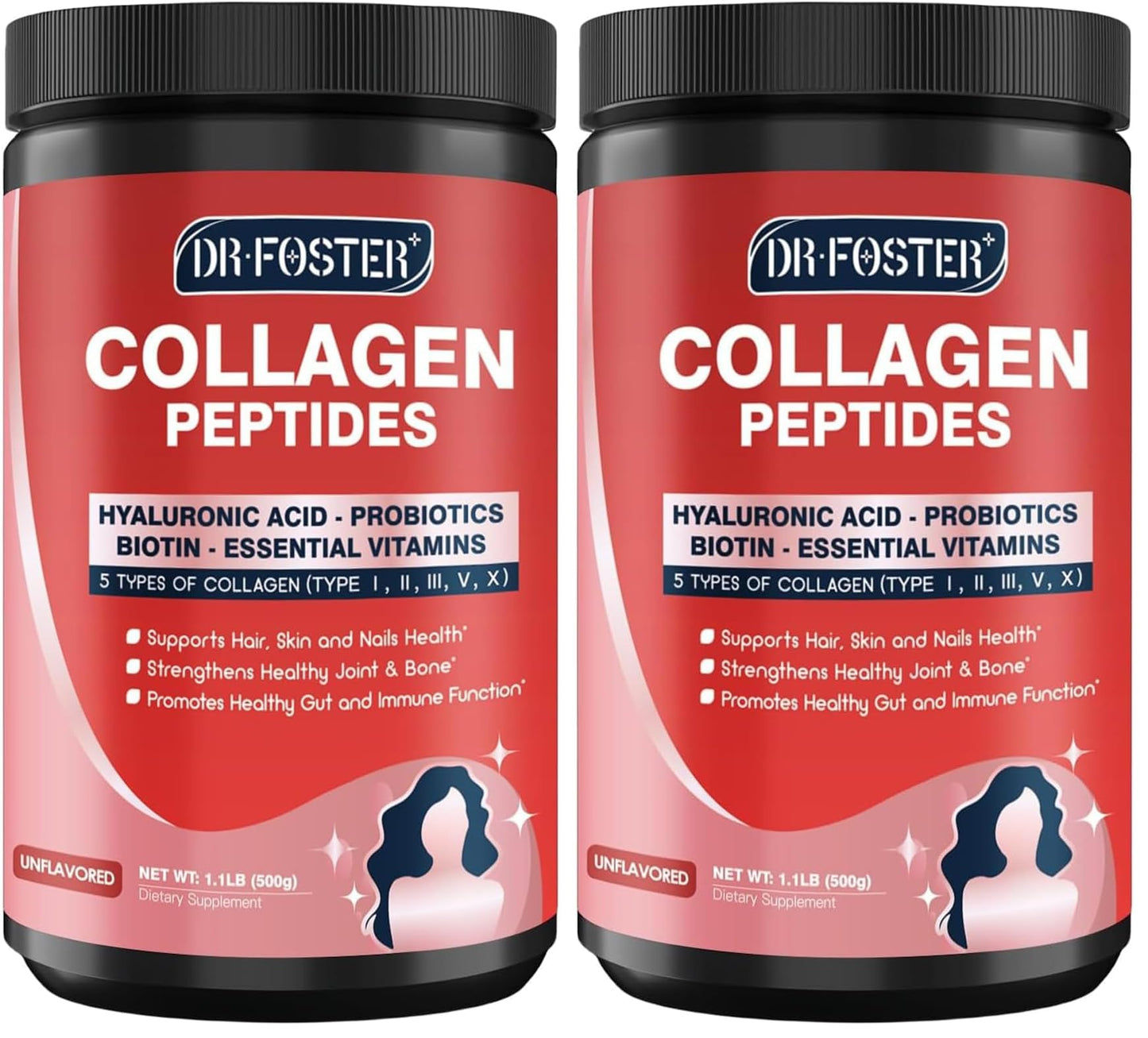 DRFOSTER Multi-Collagen-Peptide-Powder with Probiotics, 50 Servings of Hydrolyzed Collagen Peptides with Hyaluronic Acid, Biotin & Multivitamins - Supports Skin, Hair, Nails Health