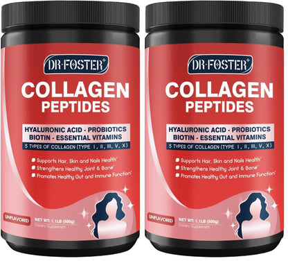 DRFOSTER Multi-Collagen-Peptide-Powder with Probiotics, 50 Servings of Hydrolyzed Collagen Peptides with Hyaluronic Acid, Biotin & Multivitamins - Supports Skin, Hair, Nails Health