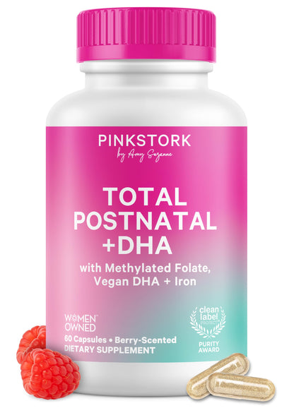 Pink Stork Total Postnatal Vitamins for Women, 60 Capsules, Berry | No Fishy Burps, Vegan Algae DHA, Methylated Folate, Iron, Postpartum Recovery + Lactation Support, Clean Label Award Winner