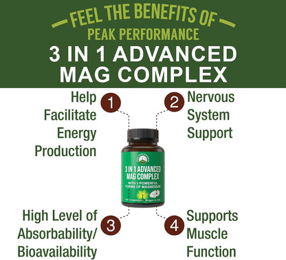 3 in 1 Advanced Magtein Magnesium Complex Capsules with Clinically Tested Magnesium L-Threonate, Glycinate & Taurinate. High Absorption & Bioavailability. Support Brain, Focus & Memory. 90 Vegan Pills