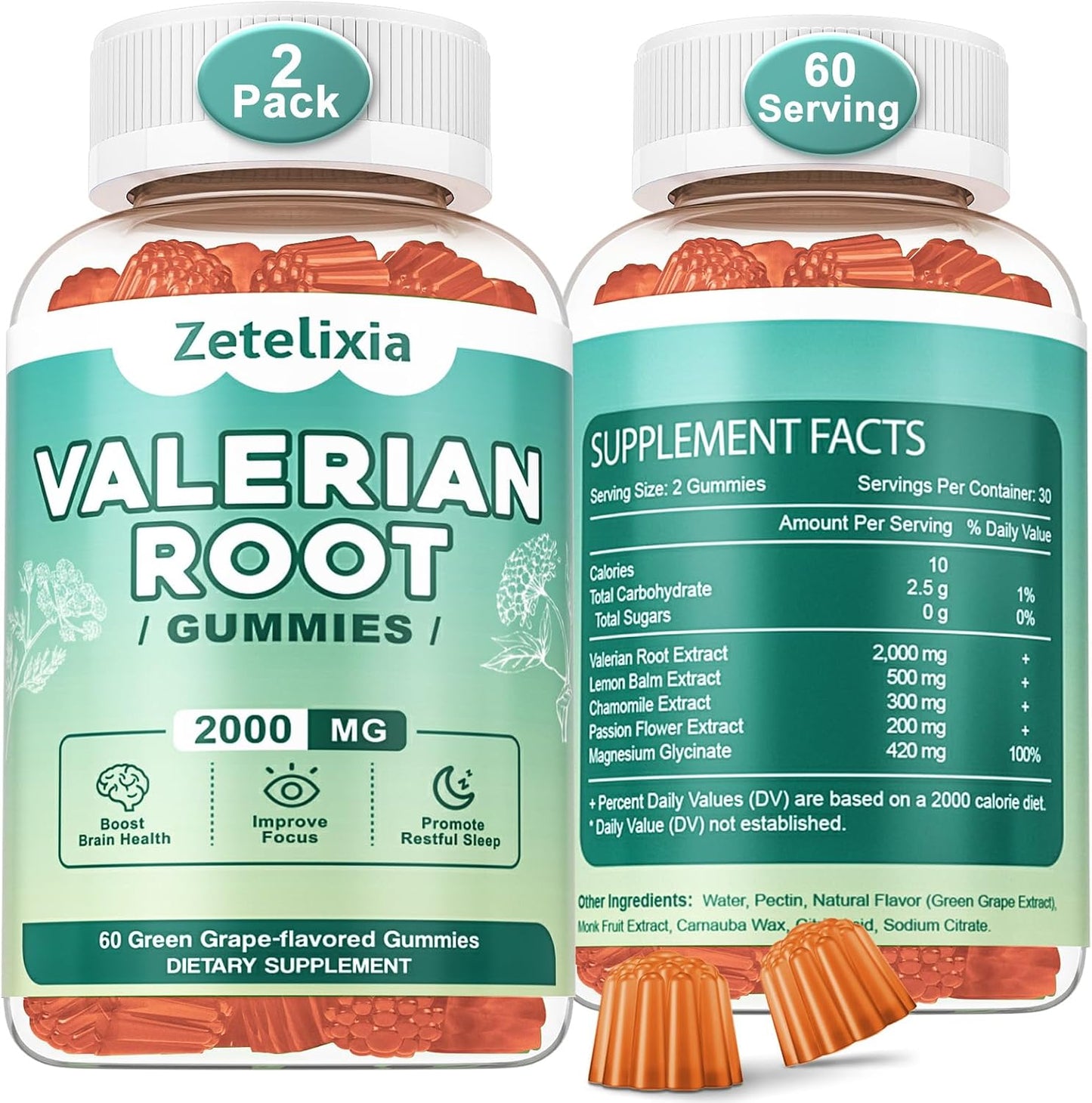 2 Pack Organic Valerian Root Gummies for Sleep, Melatonin Free, 120 Count | Natural herbal supplement for relaxation, calm and restful sleep. Vegan, non-GMO, gluten free, green grape flavor.
