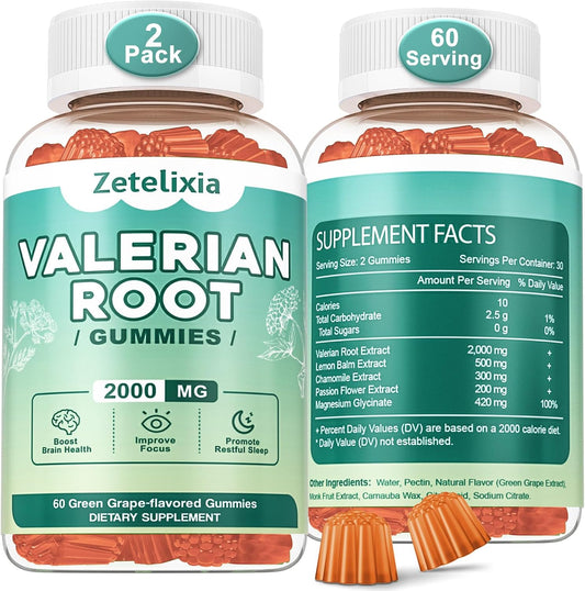 2 Pack Organic Valerian Root Gummies for Sleep, Melatonin Free, 120 Count | Natural herbal supplement for relaxation, calm and restful sleep. Vegan, non-GMO, gluten free, green grape flavor.