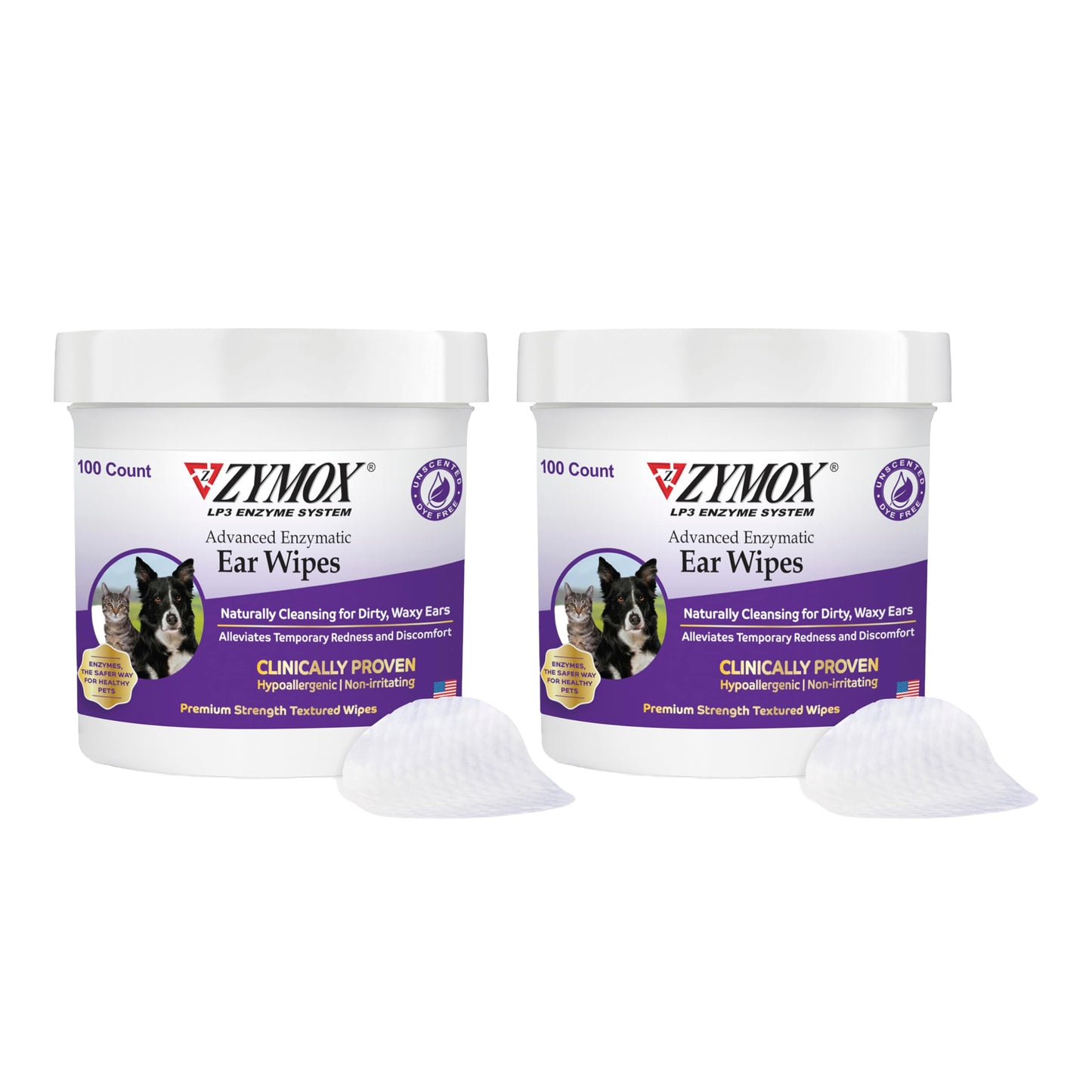 Zymox Advanced Enzymatic Ear Wipes for Dogs and Cats - for Dirty, Waxy, Smelly Ears - Premium Strength Ear Cleaner Wipes - Non-Irritating - Hypoallergenic - 100 ct